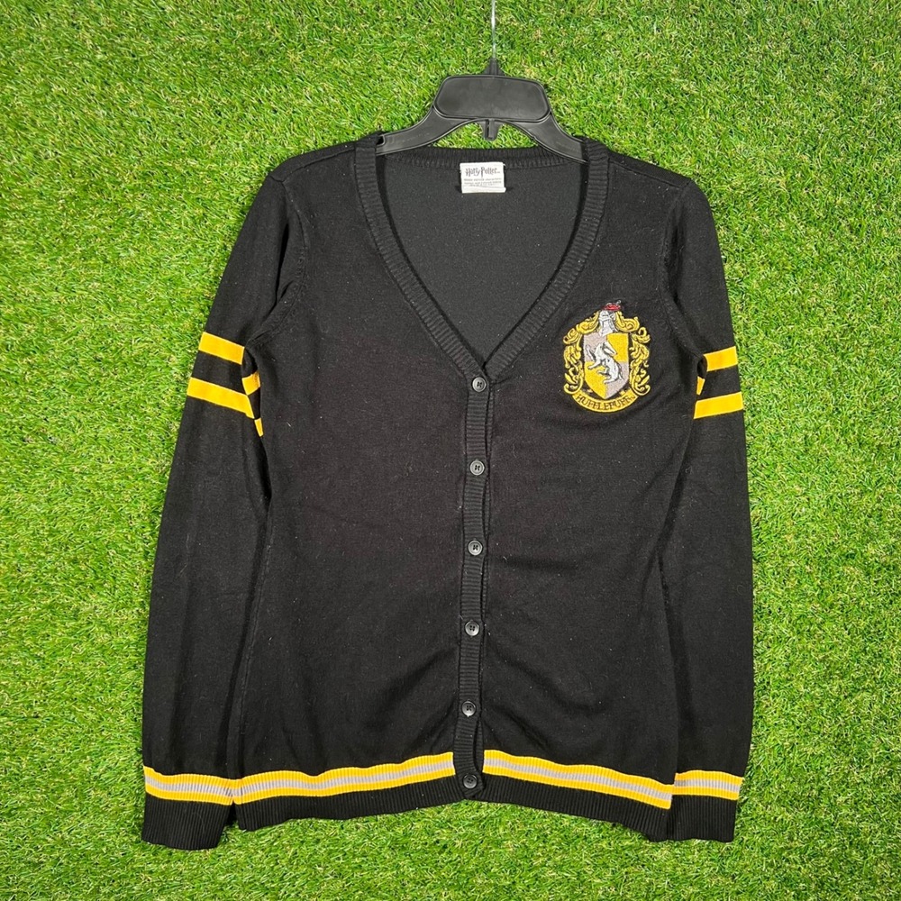 Harry Potter Hufflepuff Cardigan Sweater‎ Black Yellow Crest Medium